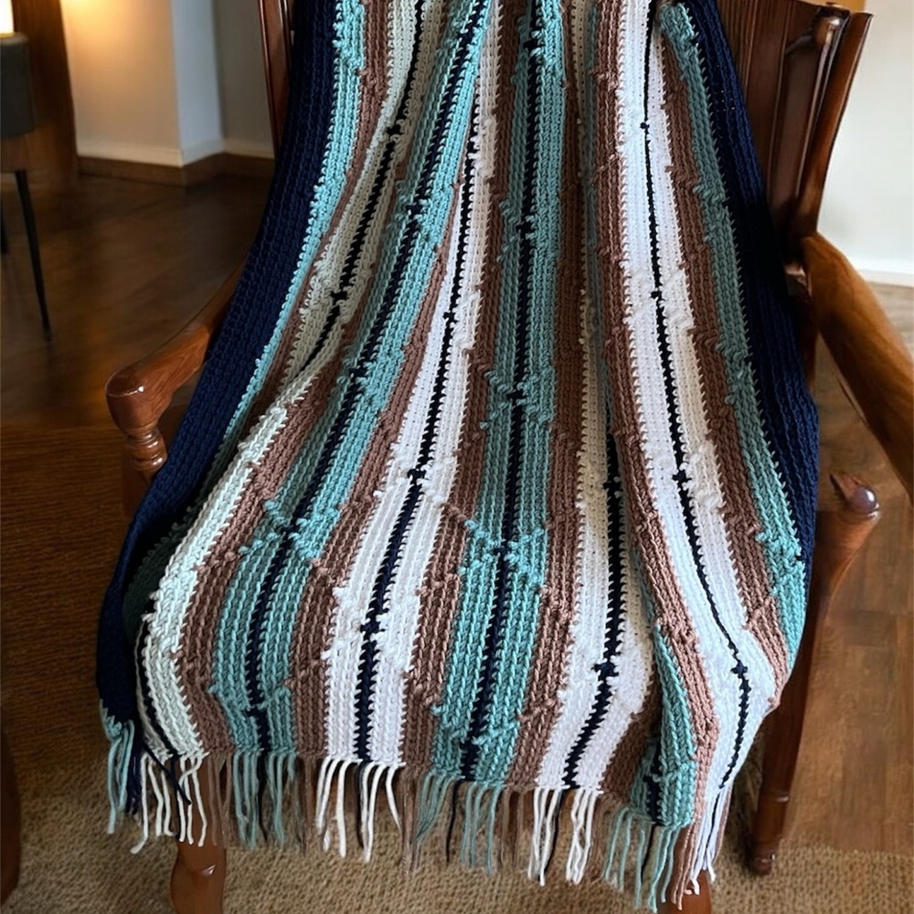 Cozy Striped Knit Lap Blanket - Blue, Brown, and White